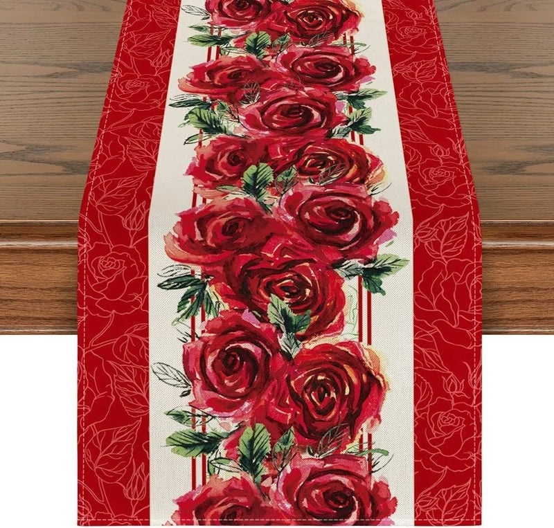 Romantic Heart Shape Rose Linen Table Runner for Valentine’s Day | Home Decor/Table Linens
