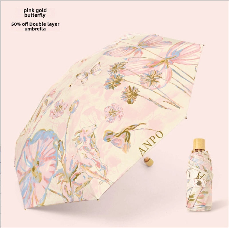 Vintage Cherry Print Folding Umbrella 60% UV Protection Dual-use Sun and Rain Shield|Sun Protection Umbrellas