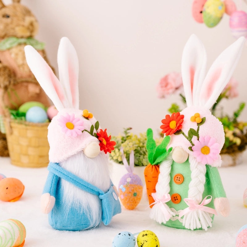 Easter Rabbit Doll with Fresh Flower Hat Holding Radish - Office & Home Decoration | Seasonal Decor