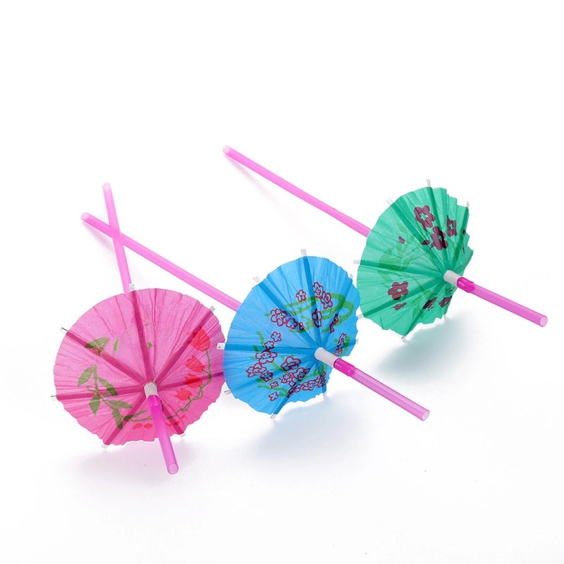 3 Pieces Fluorescent Hawaiian Straw Party Umbrellas with Curved Disposable Plastic Straws|Party Supplies