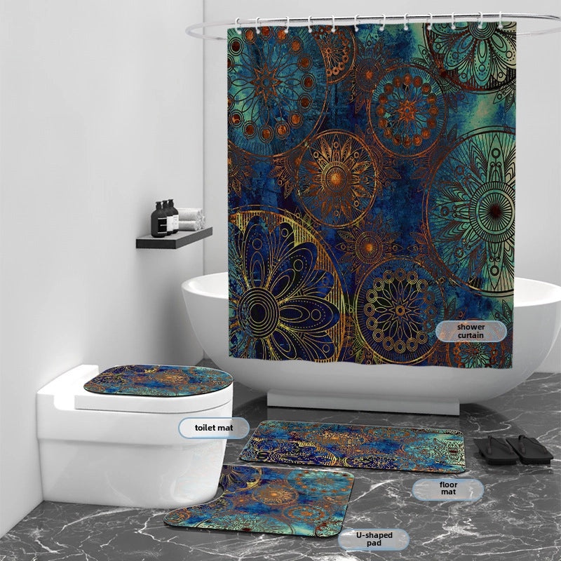 Digital Printed Geometric Round Waterproof Polyester Bathroom Shower Curtain Set of 4 | Home & Bathroom Accessories