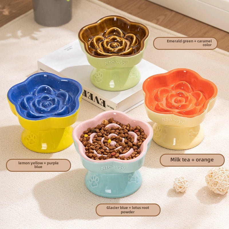 Ceramic Elevated Slow Feeder Bowl for Small Dogs and Cats | Pet Feeding Bowls