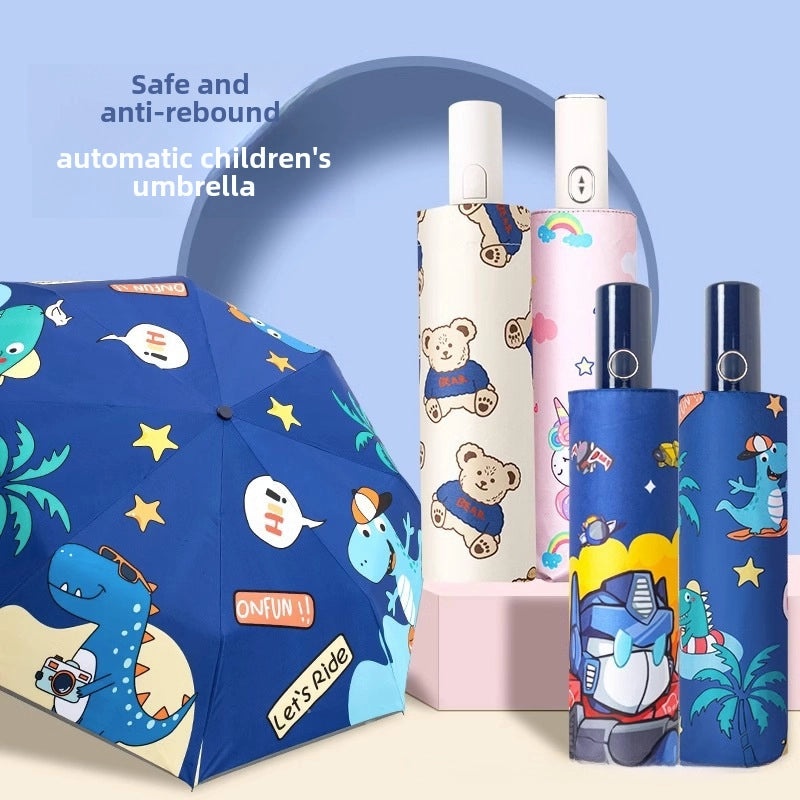 Kids Safety Anti-Rebound Folding Umbrella Cartoon Design Full Automatic Portable Dual-Use for Boys and Girls|Children's Umbrellas