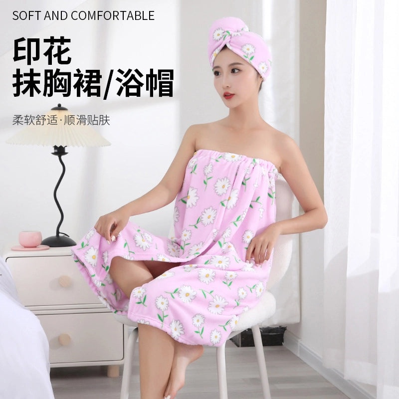 Cute Daisy Print Shower Cap Soft Polyester Cotton Bathrobe and Towels Set|Bath & Body Accessories