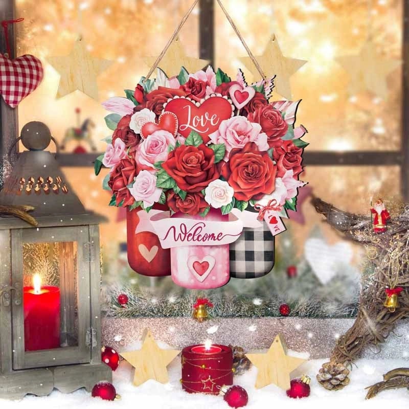 Romantic Heart-Shaped Rose Wood Hanging Ornament for Valentine's Day Decoration|Home Decor & Ornaments