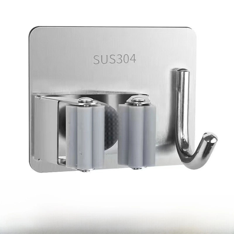 Strong Adhesive Stainless Steel Mop Holder Wall-Mounted Broom Hook Non-Perforated Toilet Storage Clip|Home Organization