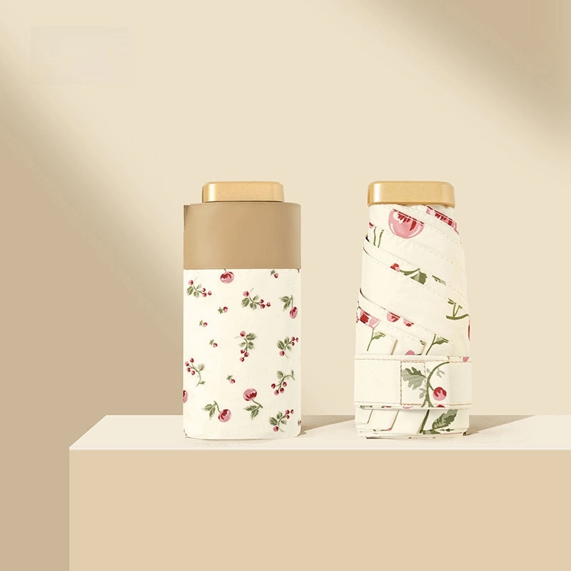 Vintage Cherry Print Folding Umbrella 60% UV Protection Dual-use Sun and Rain Shield|Sun Protection Umbrellas