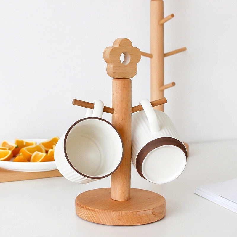 Japanese Beech Wood Mug Holder with Flower Tree Design, Upside Down Draining Rack and Jewelry Storage | Kitchen & Home Organization