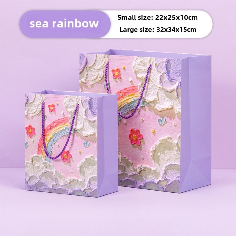 Oil Painting Kraft Paper Tote Bag Custom Gift Bag for Milk Tea Baking Takeaway Student Use|Gift Bags & Packaging