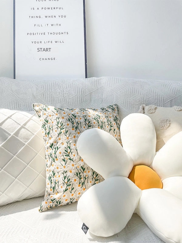 Light Luxury Embroidered Daisy Floral Pillow Case Detachable Washable Square Cushion for Home and Bay Window|Home Decor Pillows