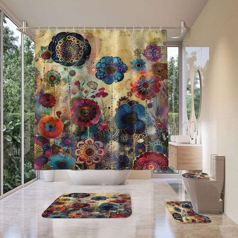 Minimalist Color Block Polyester Shower Curtain with Plant Design|Home Decor & Bath Accessories