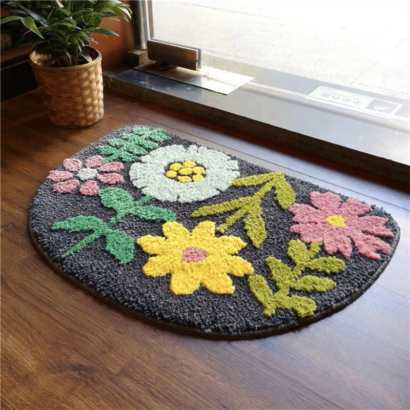 Floral Non-slip Semicircle Bathroom Floor Mat Absorbent Stain-resistant Cashmere Carpet|Home & Living