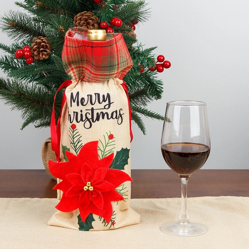 Christmas Wine Bottle Cover Linen Plaid Bag Holiday Home Decor Festive Family Atmosphere | Home Decorations