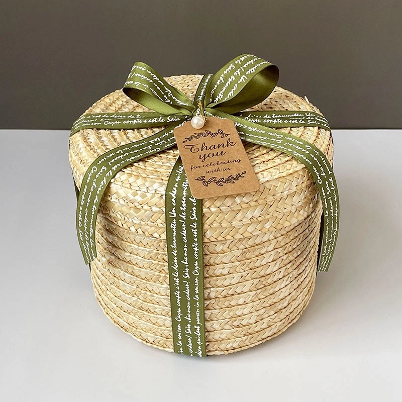 Handmade Round Straw Box with Lid | Rattan Gift Box for Wedding, Storage, Baking | Woven Hug Bucket | Home Decor Accessories|Storage Containers