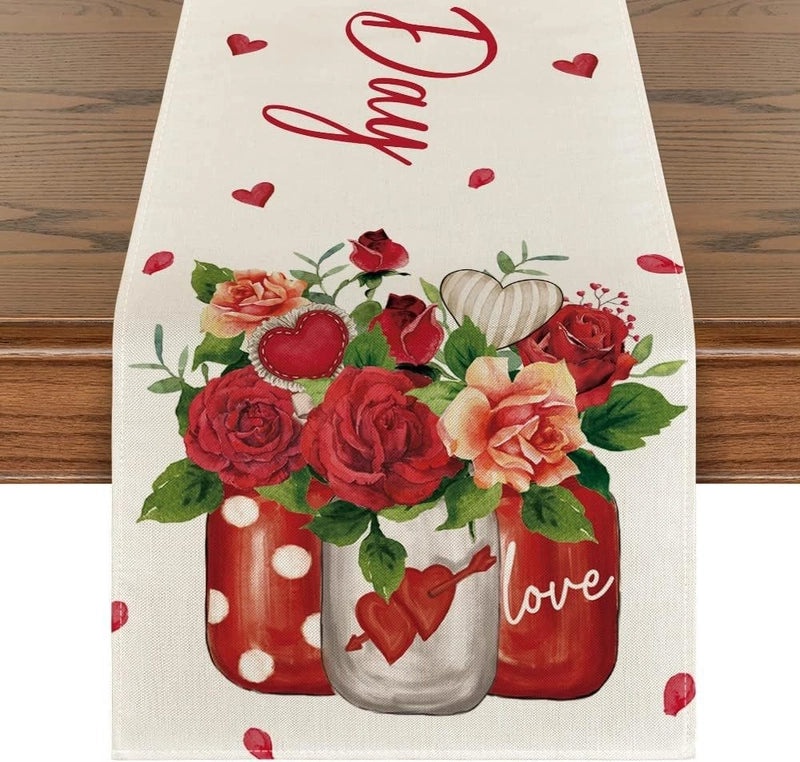 Romantic Heart Shape Rose Linen Table Runner for Valentine’s Day | Home Decor/Table Linens