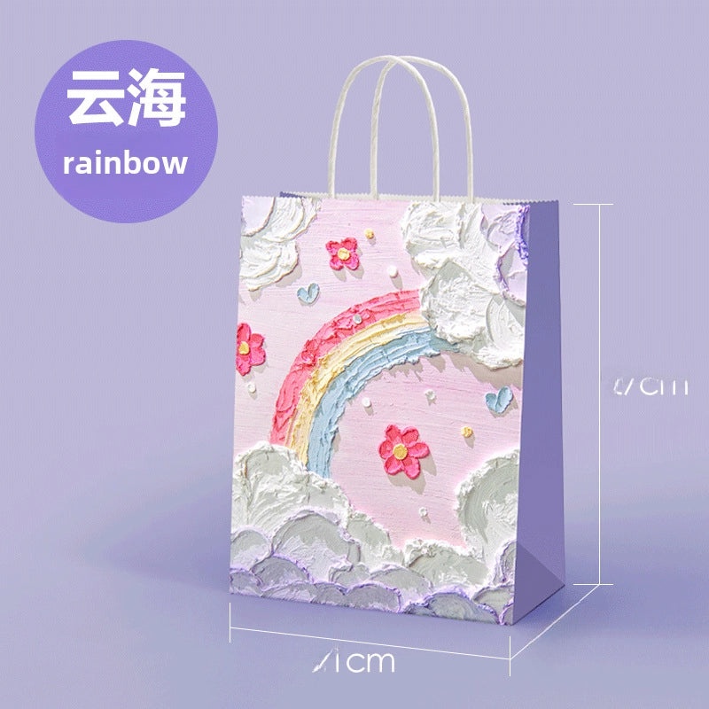 Oil Painting Kraft Paper Tote Bag Custom Gift Bag for Milk Tea Baking Takeaway Student Use|Gift Bags & Packaging