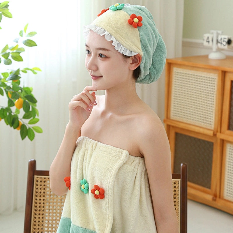 Color Block Floral Coral Fleece Hair Drying Cap Soft Absorbent Bath Towel | Bath Accessories