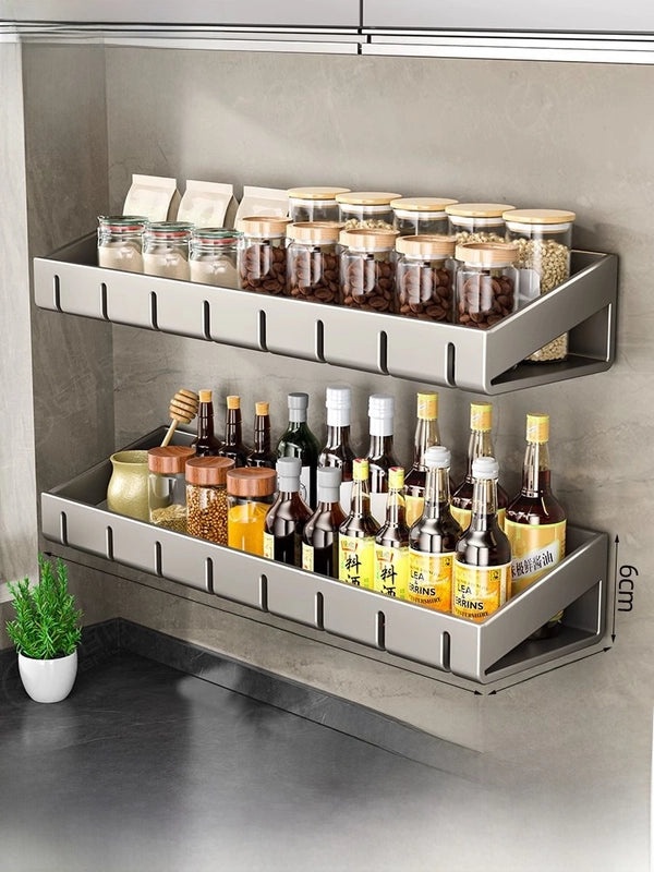 Punch-free Wall-mounted Kitchen Storage Rack Gray Seasoning Holder Space-saving Organizer|Kitchen Storage