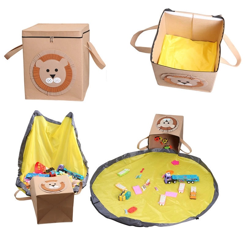 Square Fabric Storage Basket with Lid and Zipper Foldable Kids Waterproof Play Mat Organizer|Home Storage & Organization