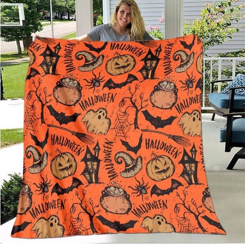 Halloween Cozy Pumpkin Cat Skull Polyester Throw Blanket | Home Decor & Throws