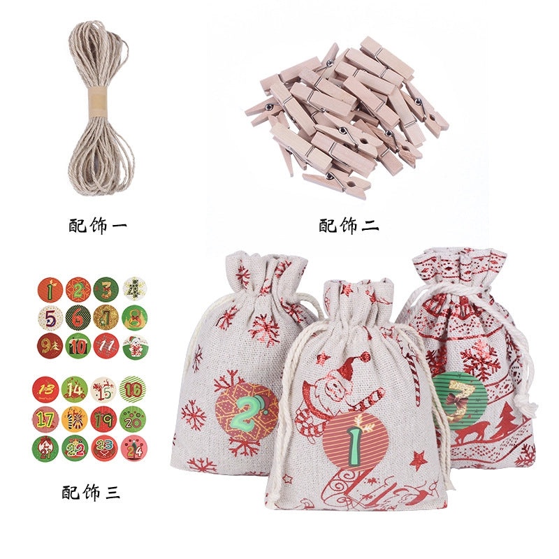 Christmas Linen Gift Bags 24 Sets with Countdown Number Pockets | Christmas Decorations