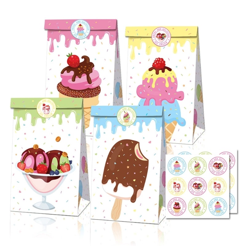 Ice Cream Party Kraft Paper Candy Bags, Oil Proof Packaging for Gift Giving | Party Supplies