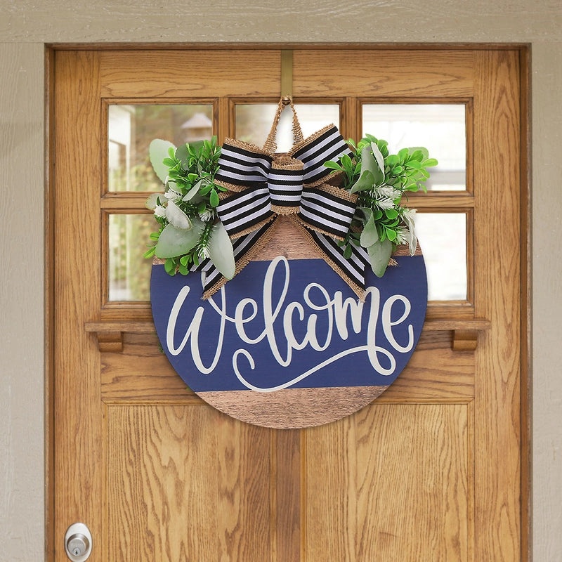 Year-Round Wooden Letter Wreath with Green Bow and Aquatic Plants | Home Decor & Door Hangings