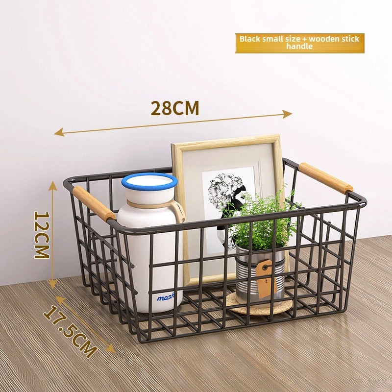 Wrought Iron Storage Basket with Wooden Handle Nordic Desktop Snack Organizer|Home Storage & Organization