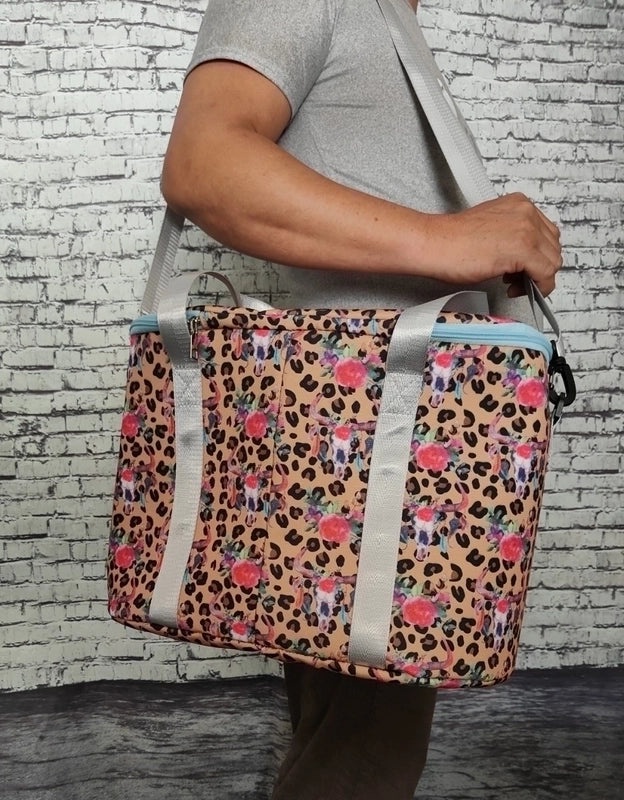 Stylish Rabbit Floral Leopard Print Canvas Picnic Tote with Aluminum Foil Lining|Outdoor & Picnic Bags
