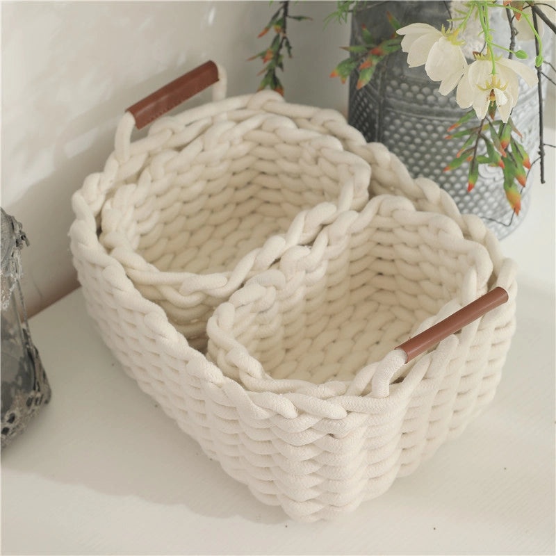 Cotton Rope Woven Storage Basket with Handle for Cosmetics and Desktop Organization | Home Storage & Organization
