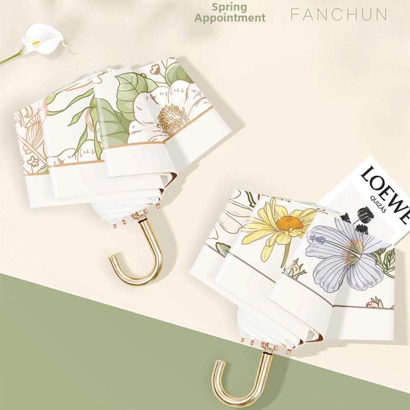 Ultra-Light Small Gold Hook Foldable Sun Umbrella 50% UV and Rain Protection Compact Women’s Parasol|Sun Umbrellas & Parasols