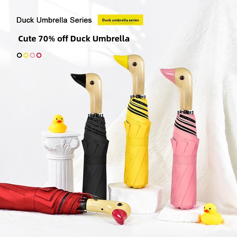 Creative Duck Head Umbrella with Wooden Handle, Cute Women's Black Sunscreen Umbrella, 30% Off|Fashion Accessories>Umbrellas & Rain Gear