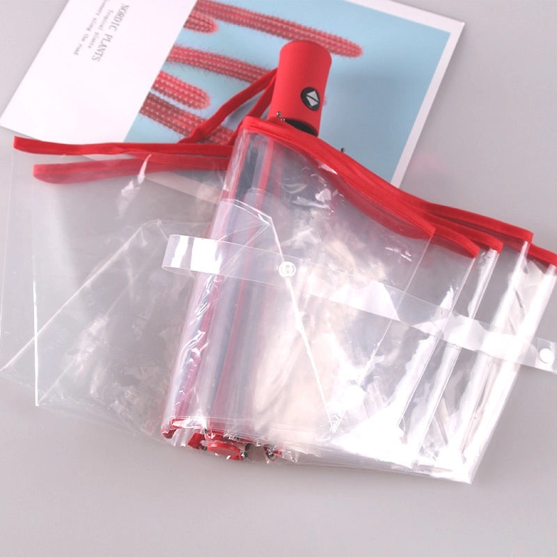 Transparent Folding Umbrella Full Automatic Clear Rain Umbrella Custom Logo Print Promotional Supplies|Umbrellas & Rain Gear