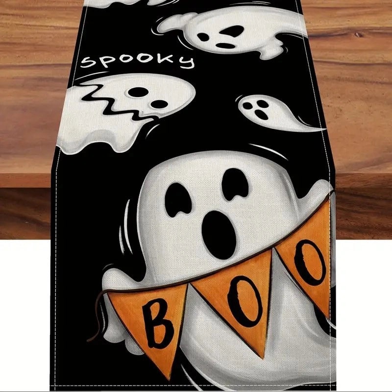 Halloween Linen Table Runner with Minimalist Pumpkin and Letter Ghost Design|Home Decor Table Linens