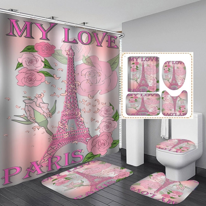 Romantic Eiffel Tower Heart Shower Curtain for Bathroom Polyester Valentine’s Day Decor | Bath & Shower Accessories