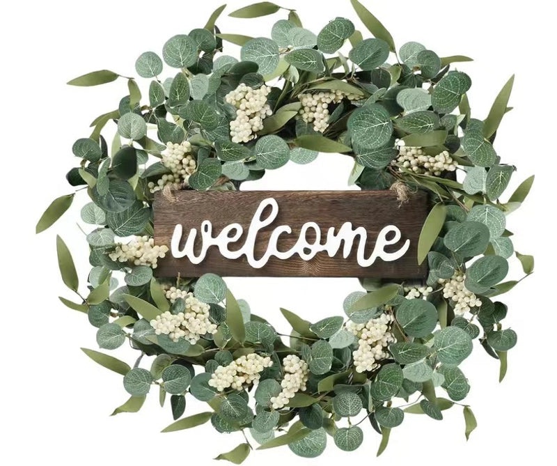 Spring Summer Large Rattan Ring with Eucalyptus and Berry Garland | Seasonal Home Decor