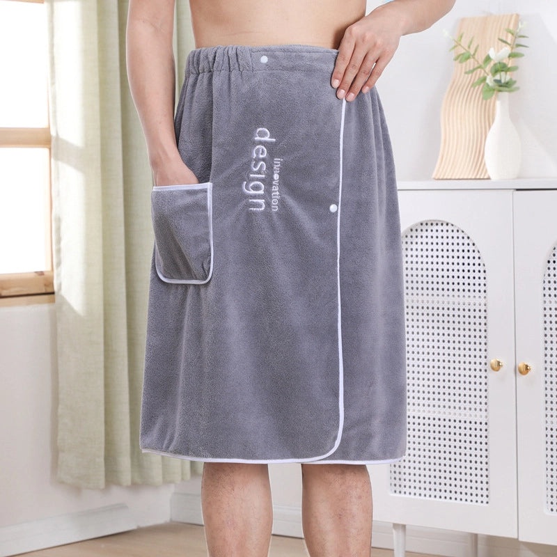 Men's Coral Fleece Bath Skirt Quick-Dry Thick Absorbent Wearable Bath Towel with Embroidery | Bath & Body Accessories