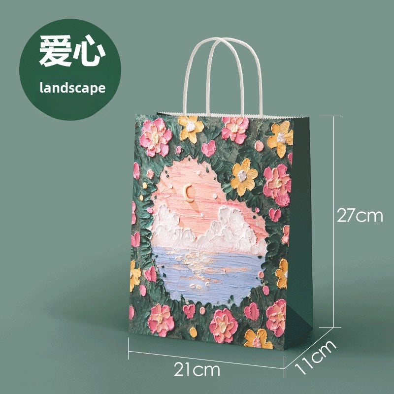 Oil Painting Kraft Paper Tote Bag Custom Gift Bag for Milk Tea Baking Takeaway Student Use|Gift Bags & Packaging