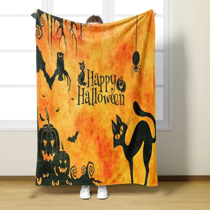 Halloween Cozy Pumpkin Cat Skull Polyester Throw Blanket | Home Decor & Throws