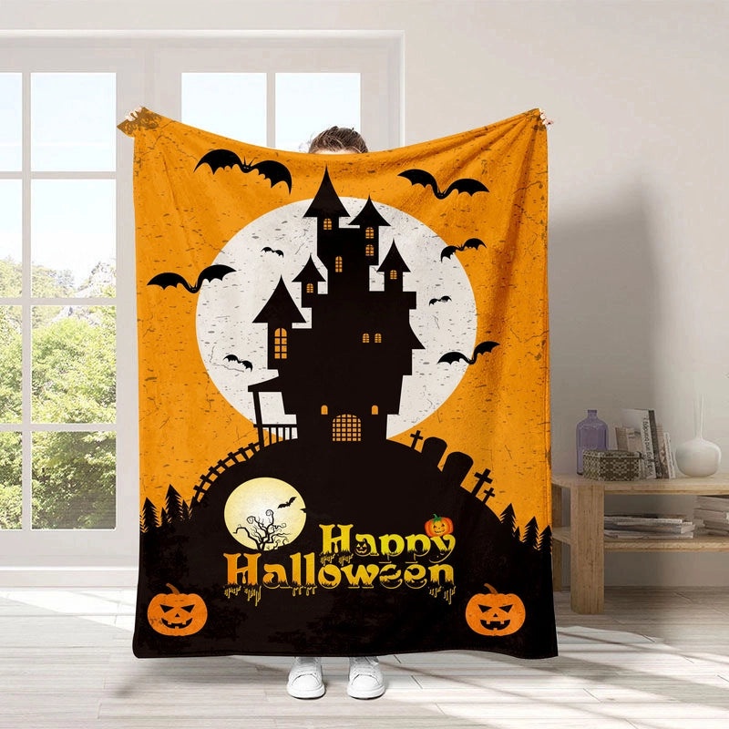 Halloween Pumpkin Bat Blanket Cozy Polyester Throw for Couch Sofa Decor | Home Decor & Seasonal Accessories