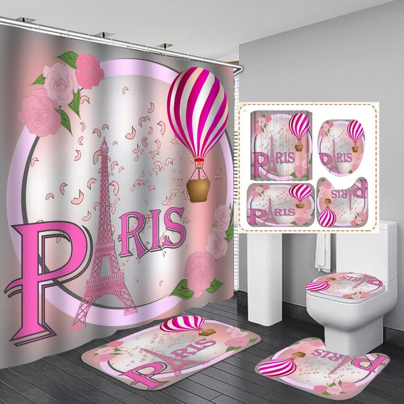 Romantic Eiffel Tower Heart Shower Curtain for Bathroom Polyester Valentine’s Day Decor | Bath & Shower Accessories