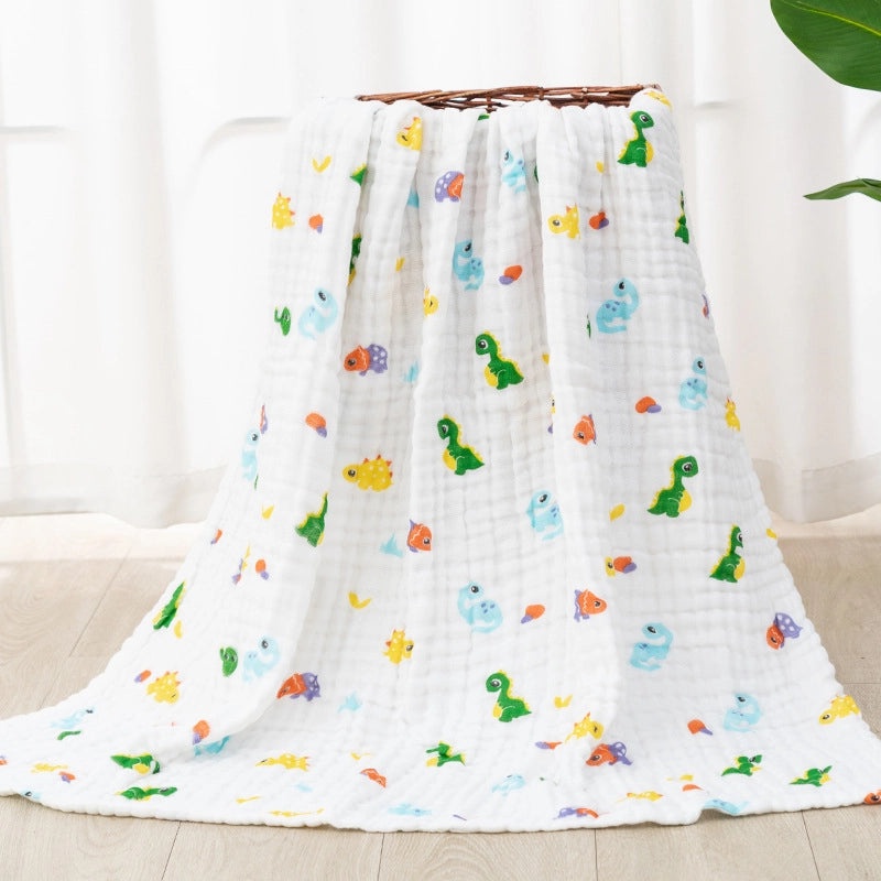Children's Six-Layer Cotton Gauze Quilt Cartoon Printed Baby Bath Towel Soft Pleated Cover Blanket | Baby Bedding & Bath Essentials
