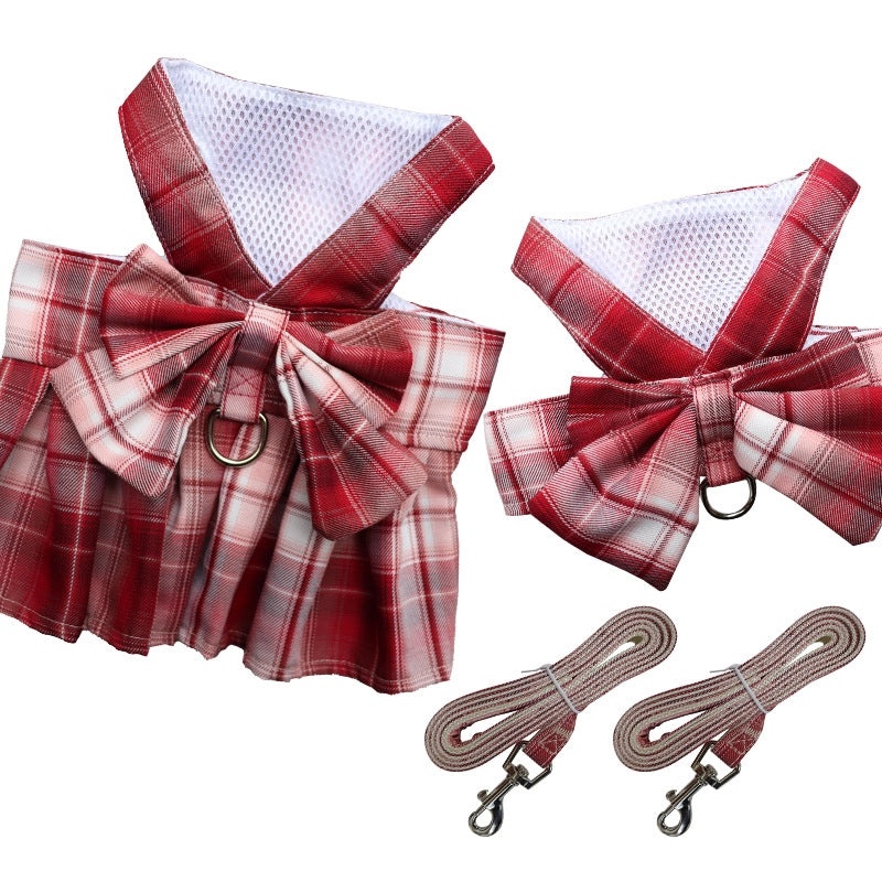Plaid JK Skirt Pet Leash with Chest Strap Dog Cat Walking Harness and Teddy Hair Accessories|Pet Supplies