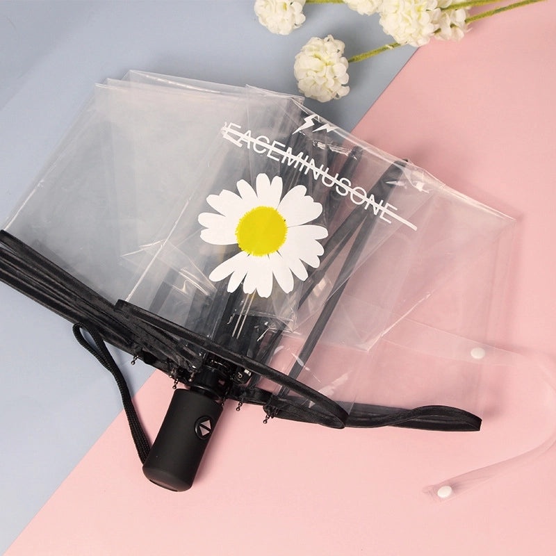 Small Daisy Automatic Folding Umbrella White Transparent Japanese Student Rain Sun Umbrella | Umbrellas & Rain Gear