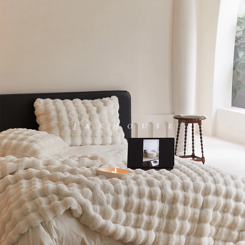 Cozy Solid Color Faux Rabbit Fur Throw Pillow and Blanket Set | Home Decor & Living Room Accessories