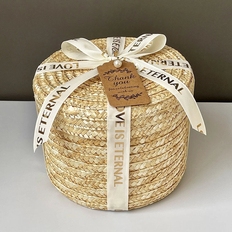 Handmade Round Straw Box with Lid | Rattan Gift Box for Wedding, Storage, Baking | Woven Hug Bucket | Home Decor Accessories|Storage Containers