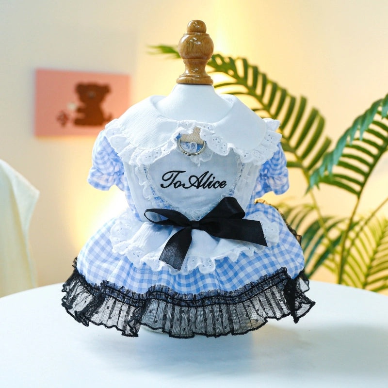 Blue White Plaid Dog Dress with Doll Collar Spring Summer Medium Small Pet Clothes|Pet Apparel & Accessories