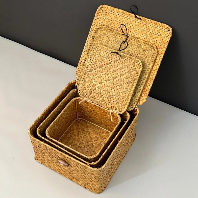 Handmade Blue Straw Rattan Woven Box with Lid Birthday & Wedding Gift Basket|Home Decor & Gift Packaging