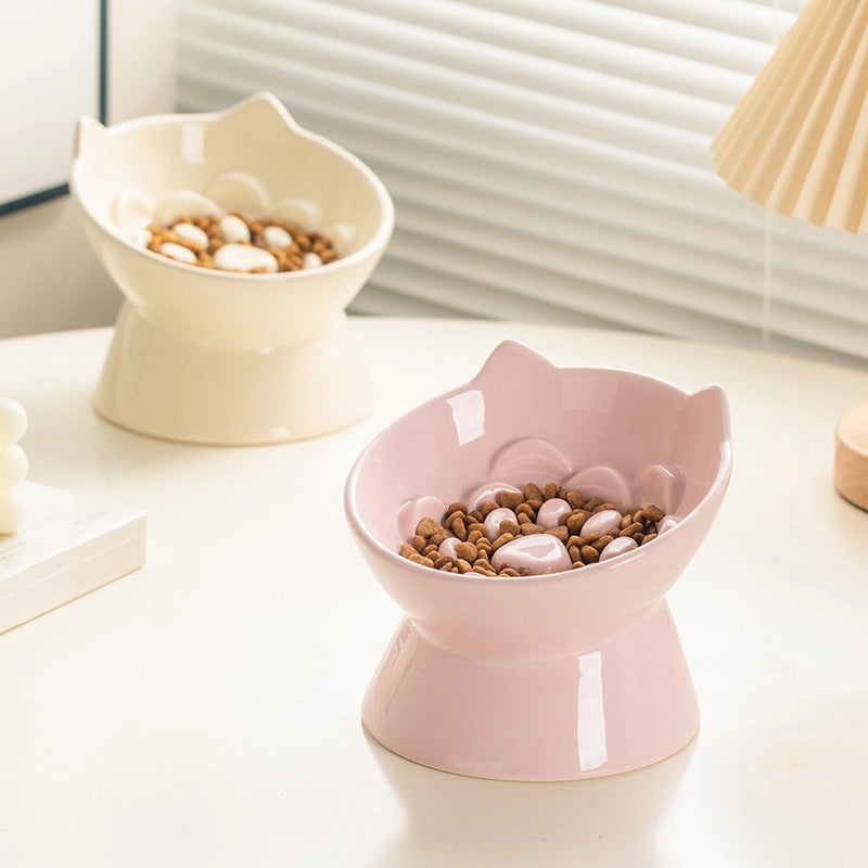 Ceramic Elevated Cat Bowl Slow Feeder Anti-Choke Pet Food Dish with Neck Protection | Pet Supplies - Feeding Bowls