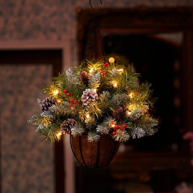 2024 New Christmas Inverted Hanging Basket with Branches and Lights | Christmas Decorations